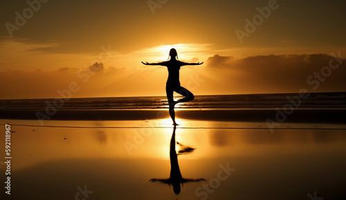a women does yoga on the beach at sunrise / sunset, generative AI