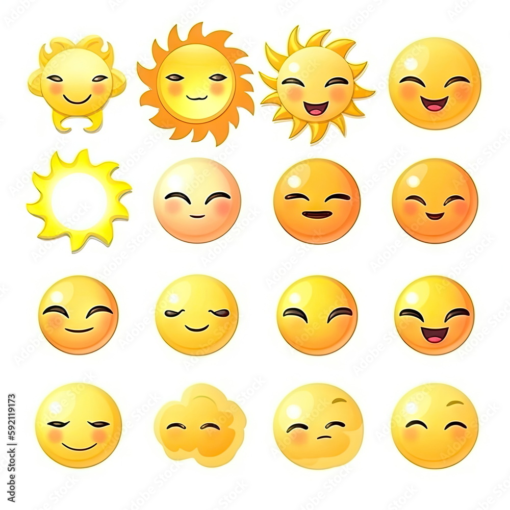 Fototapeta premium Sun and moon emoji set, white background