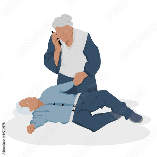 Old woman is calling emergency and taking care and Old man falling accident on floor.Vector illustration flat cartoon characters design of a grandma supporting senior man who accident lying on floor