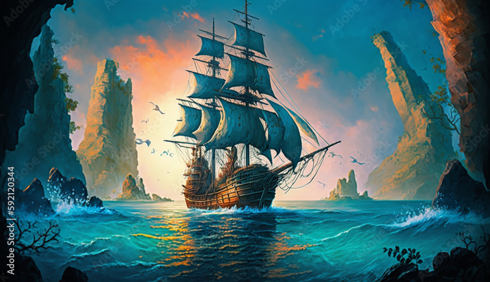 illustration of a classic pirate ship sailing the ocean in the late ...