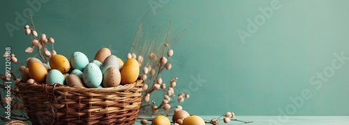 the easter basket with colorful eggs and a few candy, in the style of minimalist backgrounds, bunny with eggs with a box, in the style of soft color blending, Generative AI Illustration