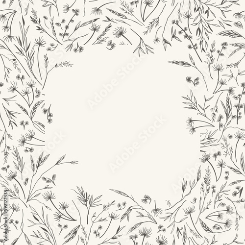 Botanical background with meadow herbs. Square cover template with dry grass. Black and white. Line art style. Greeting card with round copy space. Layout border for greeting, logos, covers, labels.