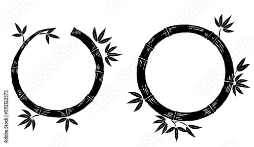 手描きのペン画_丸形の竹、笹のフレームイラスト