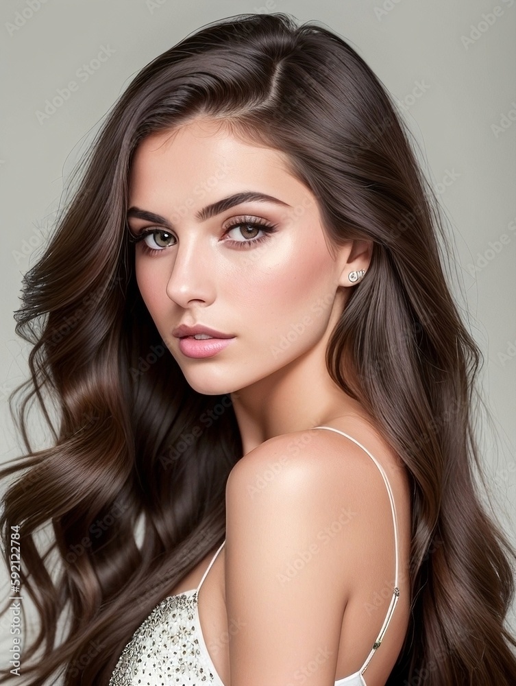 Brunette woman with shiny healthy long hair, generative ai image Brunette woman with shiny healthy long hair, generative ai image