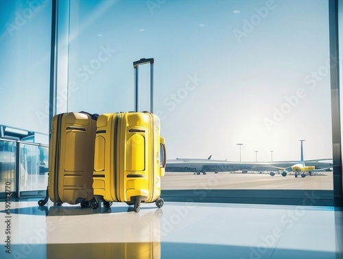 Travel suitcases in airport, generative ai