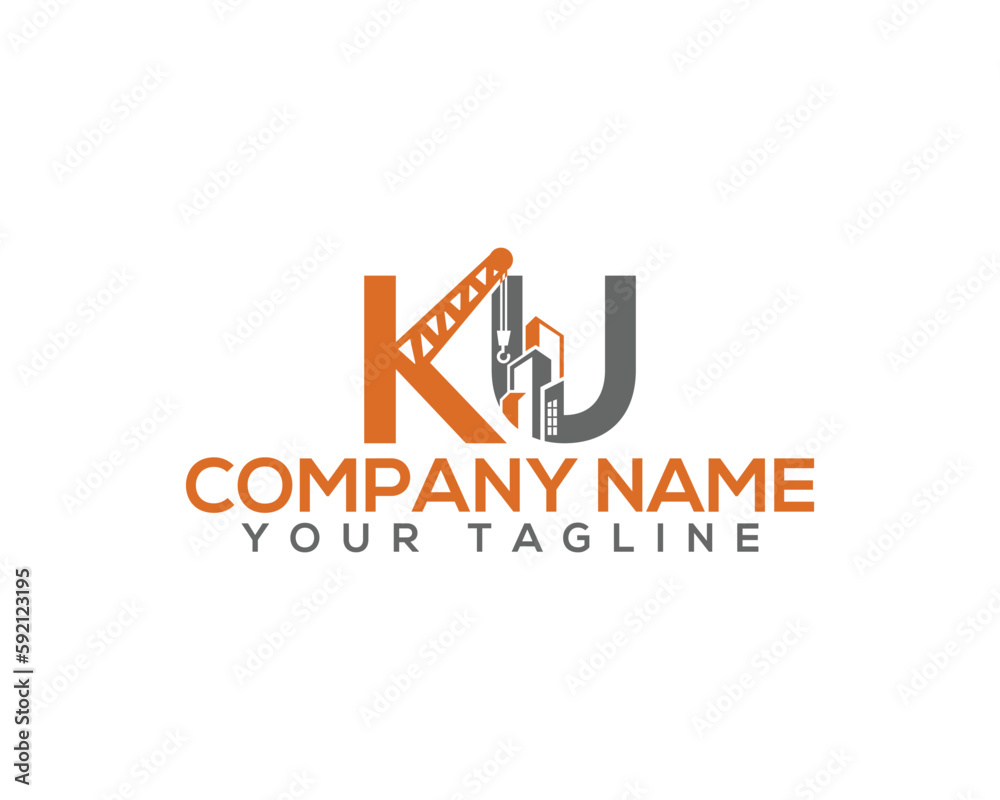 letters KU with crane and real estate Construction Logo. Contractor and construction work Creative vector illustration.