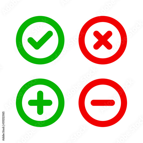 Check mark and cross mark icon. Plus and minus icon set