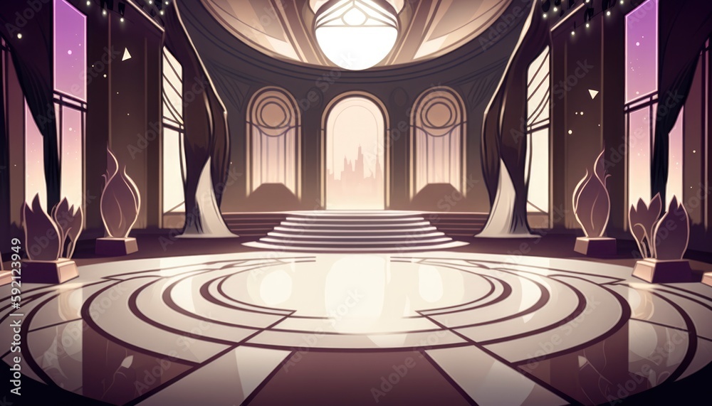 futuristic luxury room lobby, bright interior with long entrance, very detailed design big columns, white magical lights  throne like round podium, generative ai 