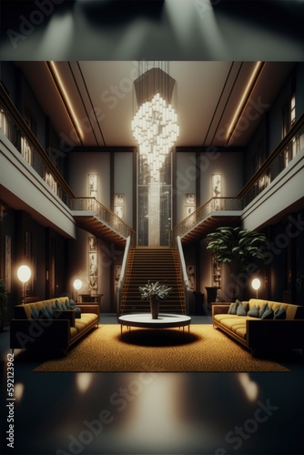 luxury hotel waiting room lobby  interior of  mansion entrance  very detailed design big columns  old vintage vibe  generative ai 