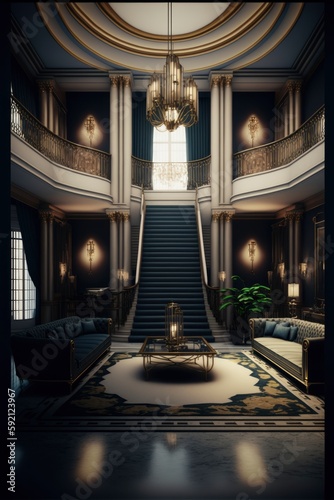 luxury hotel waiting room lobby, interior of mansion entrance, very detailed design hall and big columns, old vintage vibe, generative ai 