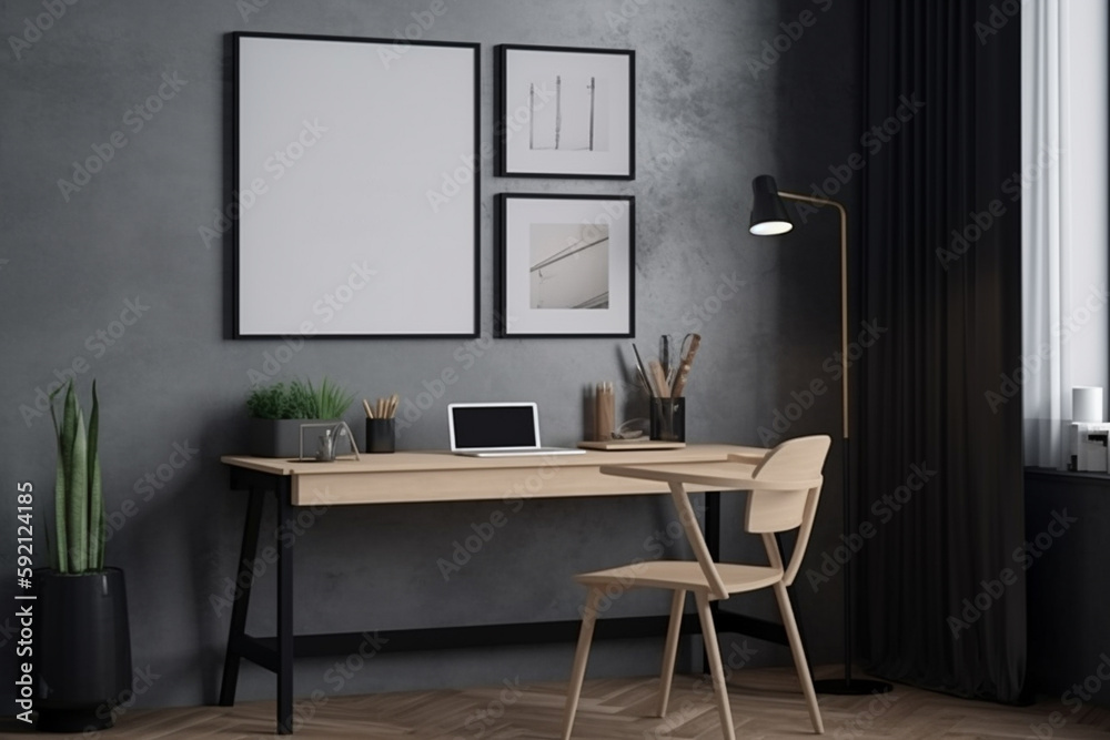 A wooden table with a poster Mockup a desk with a lamp A wooden table with a poster Mockup a desk with a lamp
