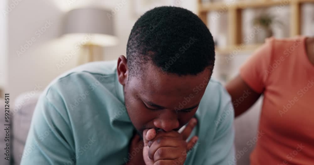 Sick, couple and man coughing in home, flu and cold from covid, chest