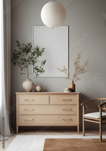 Minimalist Interior Mockup: White Wall Background with Empty Square Frame, Trendy Vase Plant, and Template for Artwork, Painting, Photo, or Poster