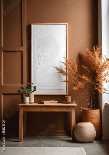 Minimalist Interior Mockup: White Wall Background with Empty Square Frame, Trendy Vase Plant, and Template for Artwork, Painting, Photo, or Poster