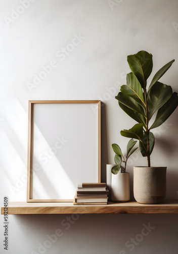 poster mockup minimalist book shelf with indoor plant