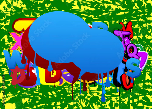 Blue and red Speech Bubble Graffiti on colorful Background. Vector illustration urban painting style backdrop. Abstract discussion symbol in modern dirty street art decoration.