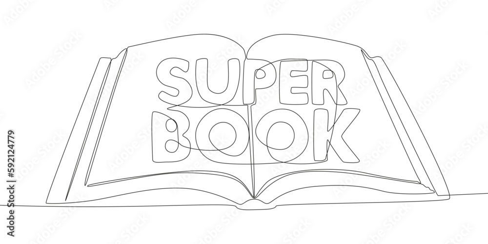 One continuous line of opened book with Super Book word. Thin Line Illustration vector concept. Contour Drawing Creative ideas.