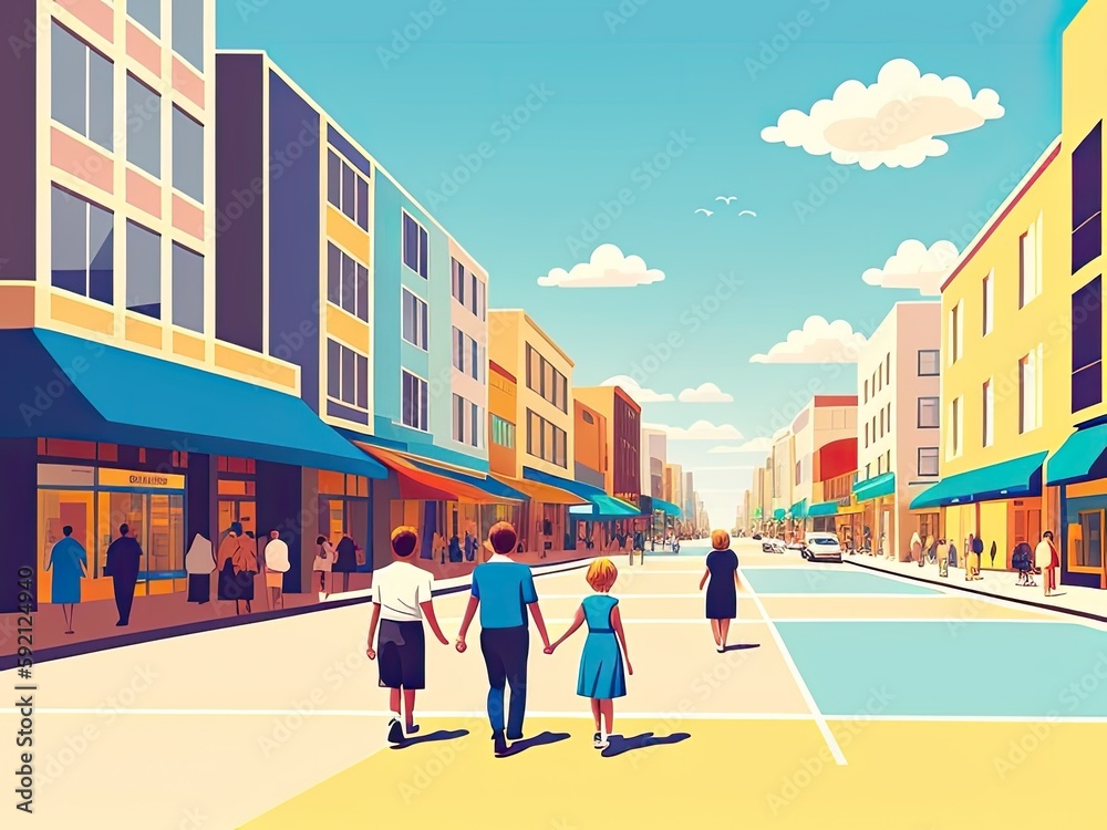 A happy family walking in the downtown. Generative Ai