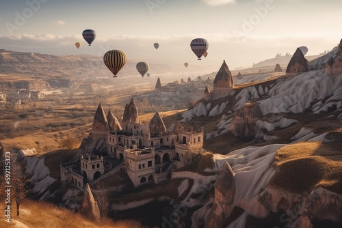 hot air balloon at sunset created with Generative AI technology