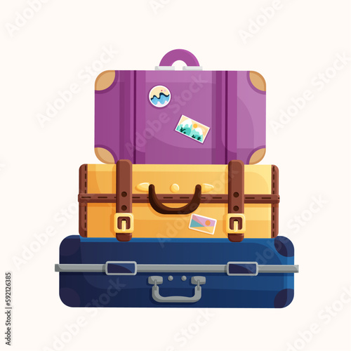 A stack of three different multi-colored detailed suitcases for things with stickers. A blue new case, an orange leather vintage valise, and a cute purple handbag. Elements for travel and vacation