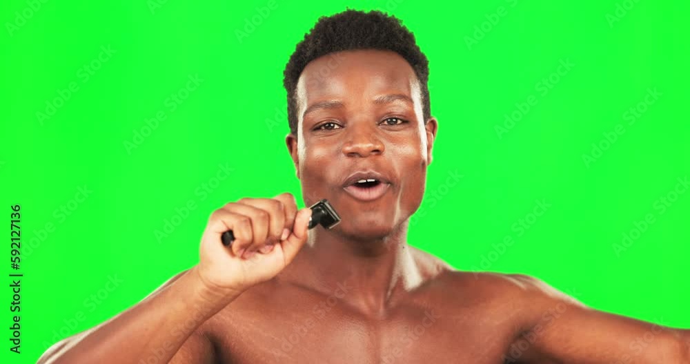 Music, singing and razor with black man on green screen for hair ...