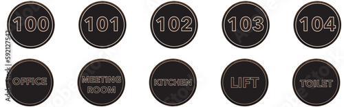 Modern Office Signage. Wood grain background with black acrylic face panel. Room numbers and room names.