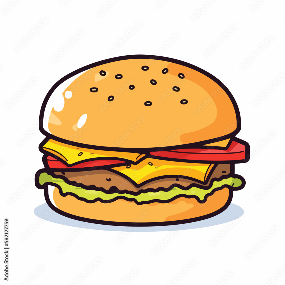 Cartoon flat color of delicious chees meat beef burger vector illustration Cartoon flat color of delicious chees meat beef burger vector illustration