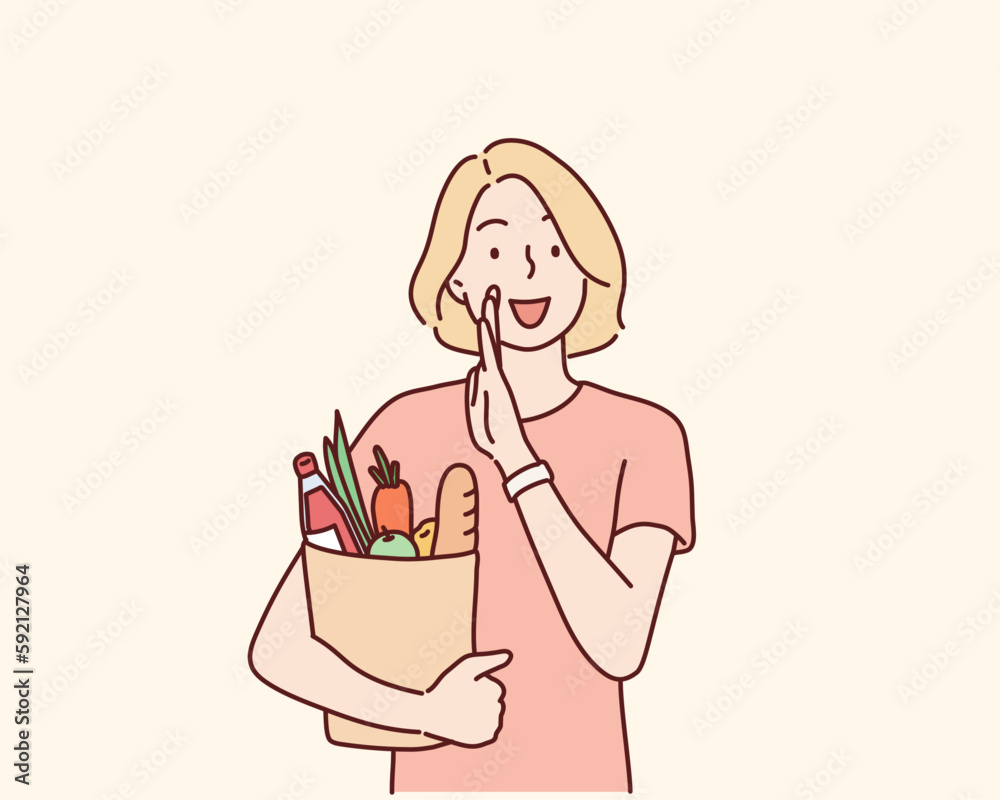 young woman holding grocery bag . Hand drawn style vector design illustrations.