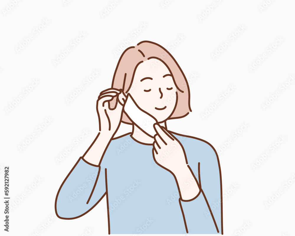 Young woman showing how to wear a medical mask step by step. Hand drawn style vector design illustrations.