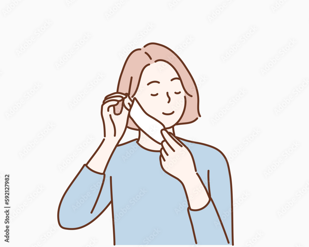 Young woman showing how to wear a medical mask step by step. Hand drawn style vector design illustrations. Young woman showing how to wear a medical mask step by step. Hand drawn style vector design illustrations.