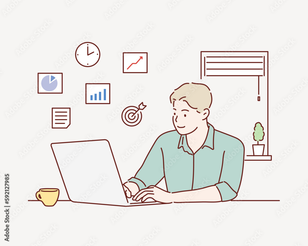 Creative worker using digital devices and programs in project. Hand drawn style vector design illustrations. Creative worker using digital devices and programs in project. Hand drawn style vector design illustrations.