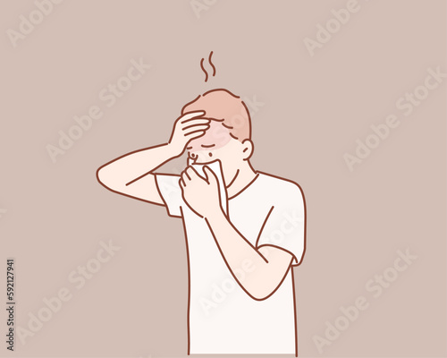 Guy sneezing into white napkin. Hand drawn style vector design illustrations.
