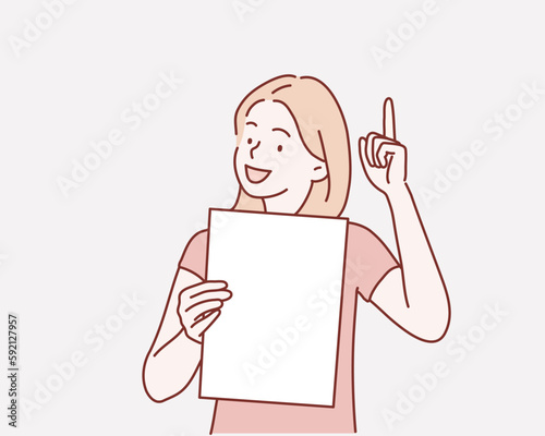 Woman holding the blank paper. Hand drawn style vector design illustrations.