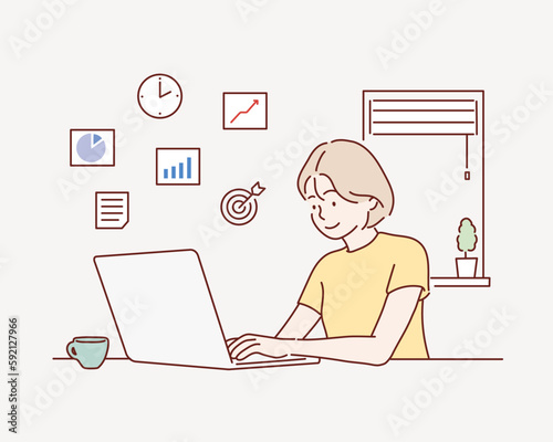 Creative worker using digital devices and programs in project. Hand drawn style vector design illustrations.