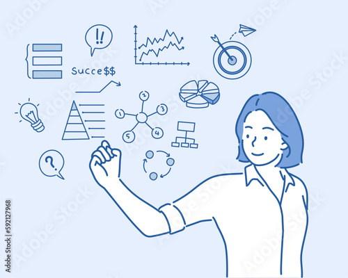 Women drawing her  business project. Hand drawn style vector design illustrations.