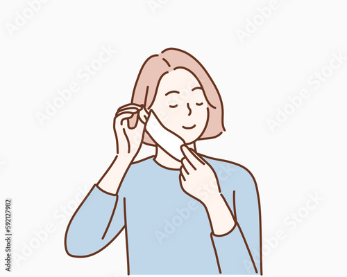 Young woman showing how to wear a medical mask step by step. Hand drawn style vector design illustrations.
