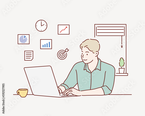 Creative worker using digital devices and programs in project. Hand drawn style vector design illustrations.