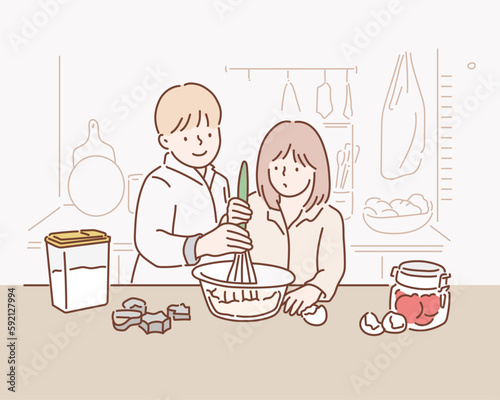 Children cooking in the kitchen. Hand drawn style vector design illustrations.
