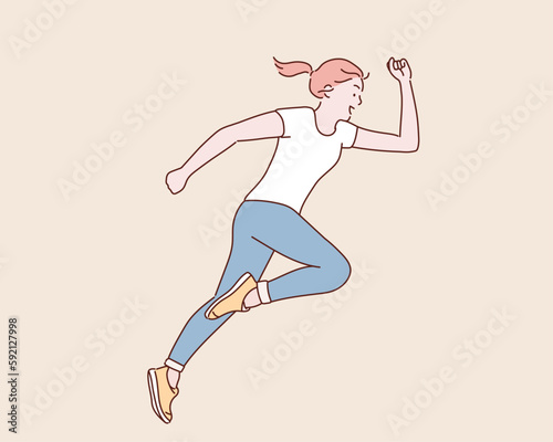 Side view of active sporty young running woman runner athlete.   Hand drawn style vector design illustrations.