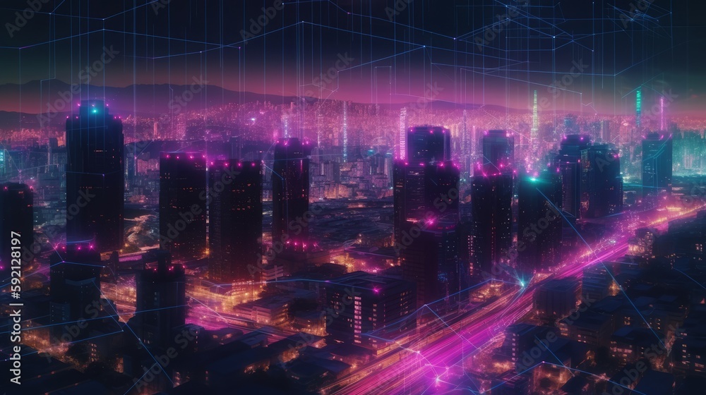 A digital illustration of a city at night with neon network connection, smart city concept. Generative AI. 