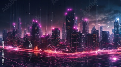 A digital illustration of a city at night with neon network connection, smart city concept. Generative AI. 