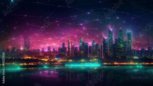 A digital illustration of a city at night with neon network connection, smart city concept. Generative AI.  © Elle Arden 