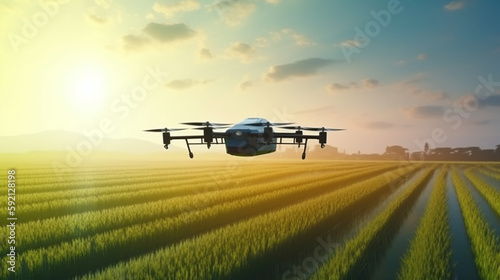 Agriculture drone flying on rice farm to sprayed fertilize. AI Generative.