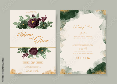 Watercolor wedding invitation card template with emerald green and burgundy flower