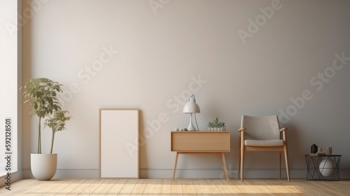 Interior mock up living room. cabinet for TV or place object in modern living room with lamp table flower and plant. AI Generative.