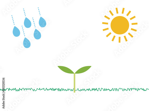 小さな芽と太陽と雨、アイコン風のイラスト、サステナビリティ