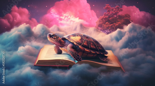 Tableau sur toile Dreamland of turtles reading books, Generative AI.