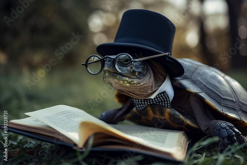 A turtle wearing glasses and a hat reads books. Generative AI.