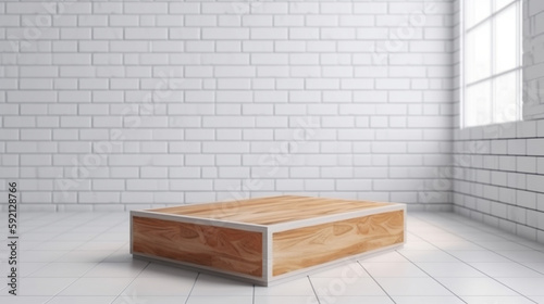 wooden top podium design blocks  cylindrical plinths  concept scenes  stage performances  products  creams  perfumes  with space for text. Modern surreal elements. Generative Ai.