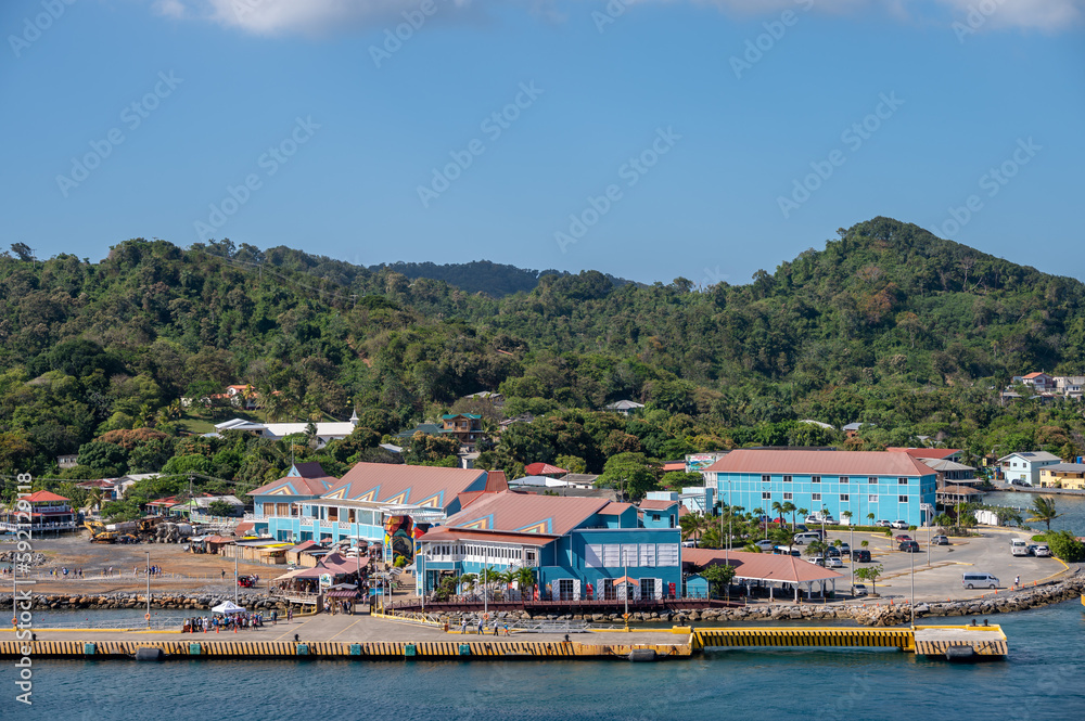 Roatan, Honduras - March 30, 2023: Cruise port facilities at Roatan, Honduras.